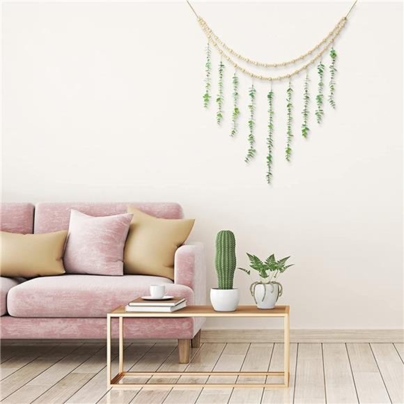 Hanging Eucalyptus Boho Wall Decor Large Boho Bedroom Wall Hanging Wooden Bead - Picture 4 of 6